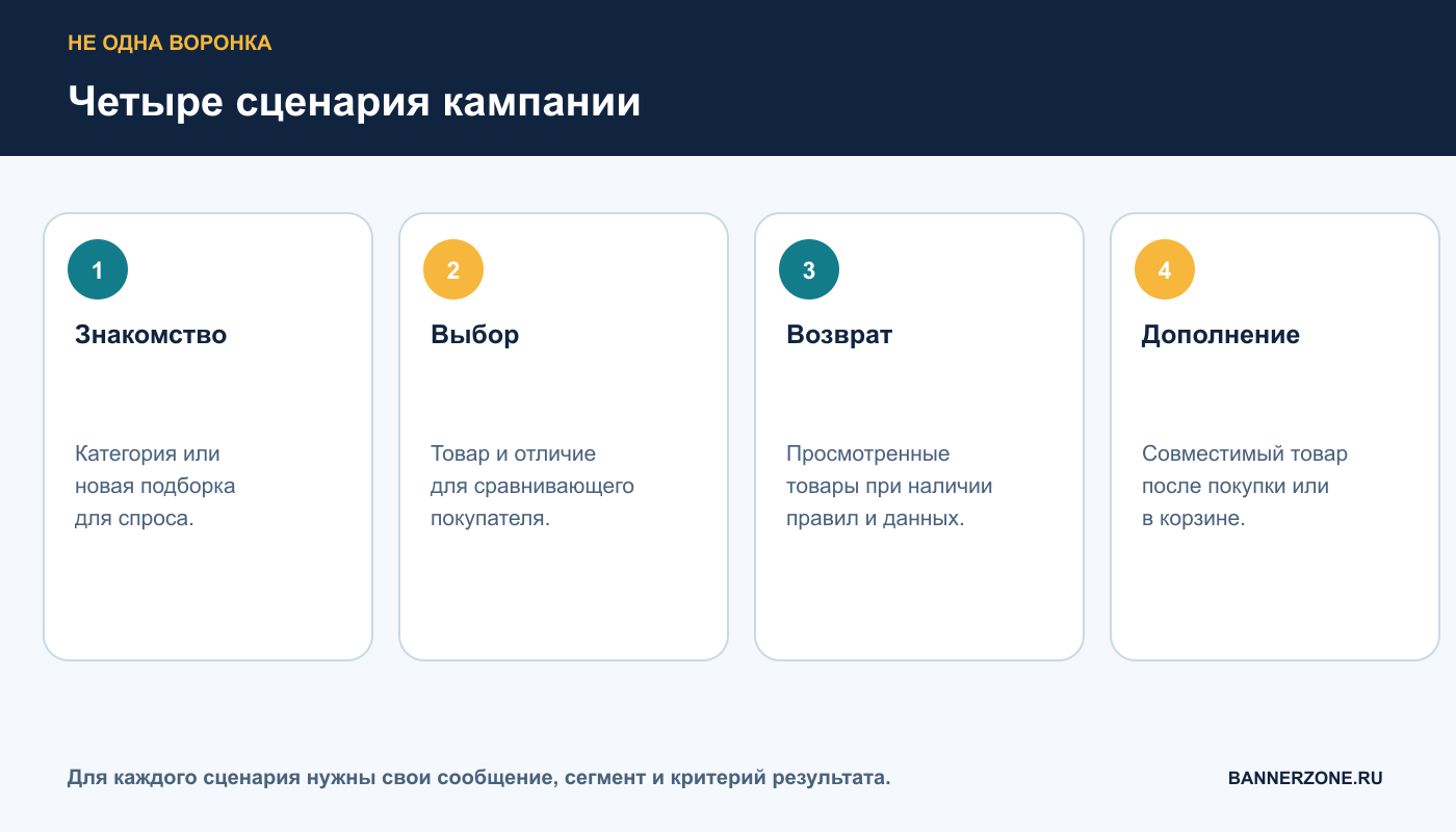 Четыре сценария: знакомство, выбор, возврат и дополнение заказа