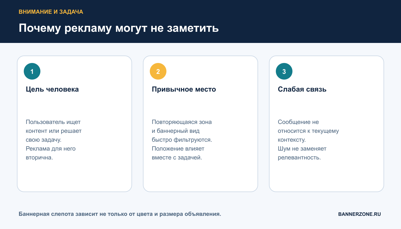 Цель пользователя, привычное место рекламы и слабая связь с контекстом