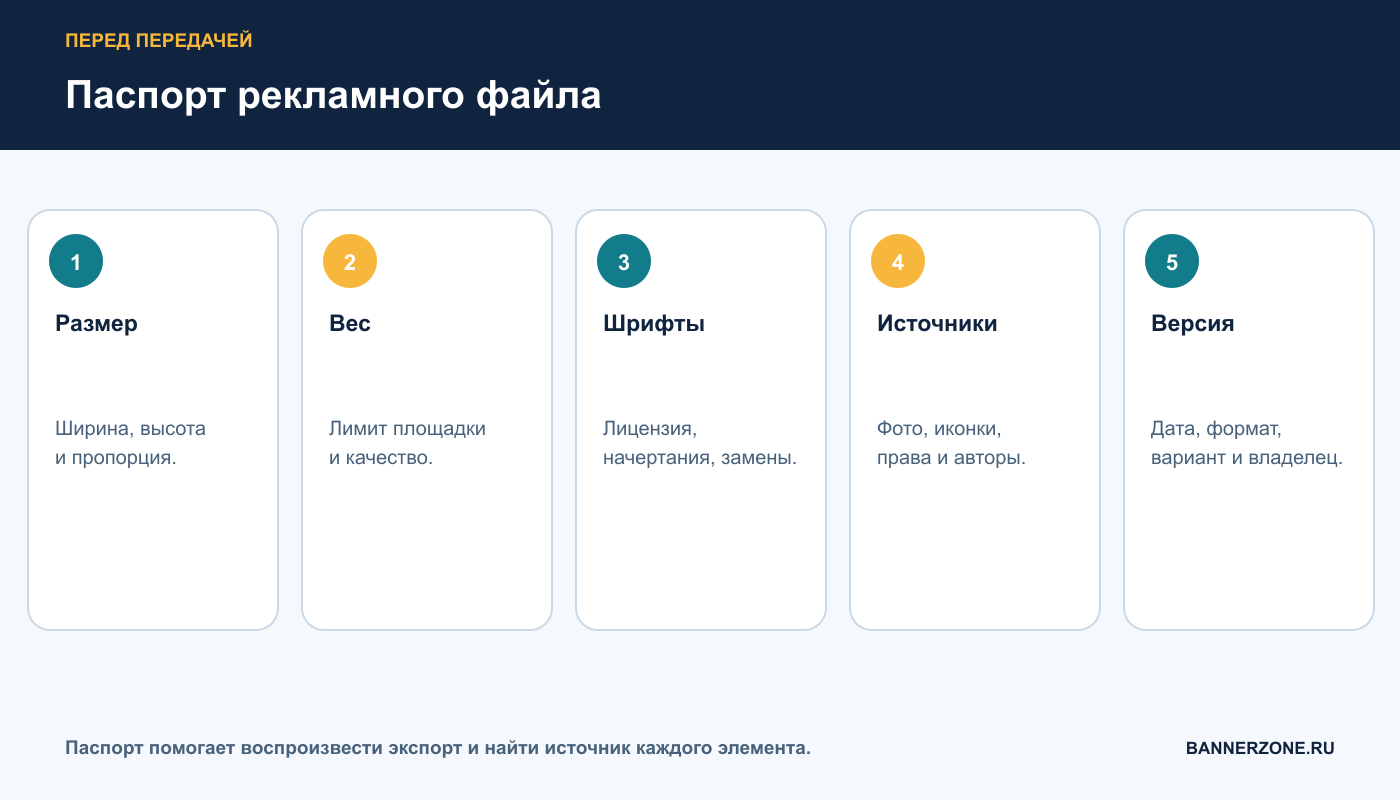Паспорт рекламного файла: размер, вес, шрифты, источники и версия