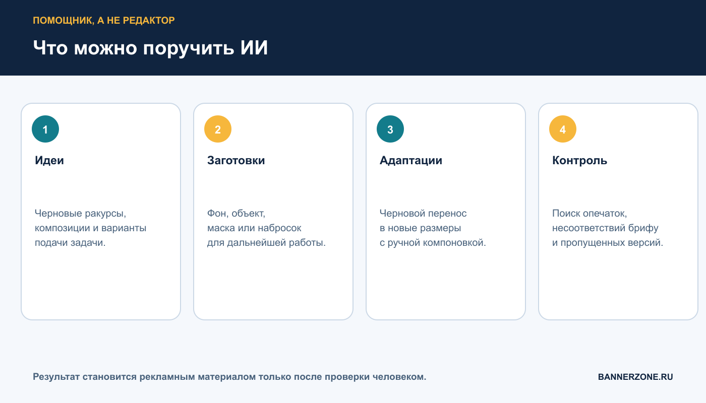 Задачи ИИ при создании баннеров: идеи, заготовки, адаптации и контроль